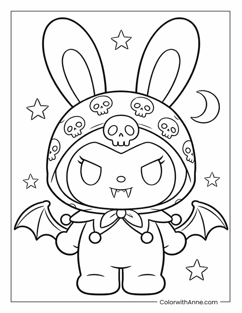 Gothic Kuromi in a Bat-Cloak Coloring Page