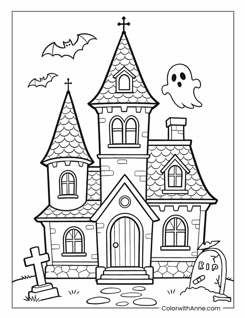 Gothic Mansion Haunted House with Crow and Bones Coloring Page