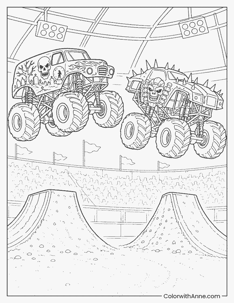 Graveyard Versus Futuristic Truck Showdown Coloring Page
