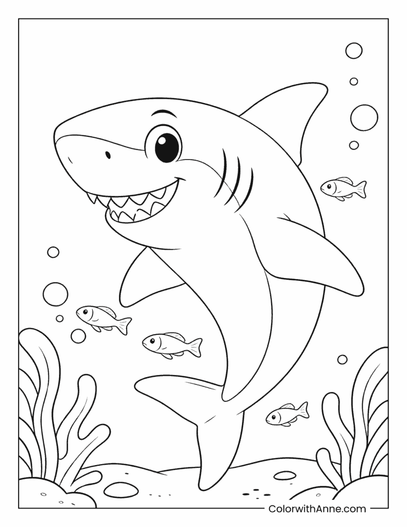 Great White Shark in the Coral Reef Coloring Page
