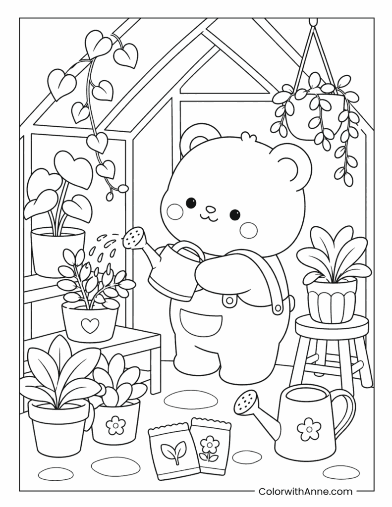 Greenhouse Plant Watering Cozy Coloring Page