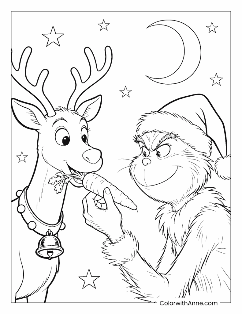 Grinch Feeding a Carrot to Reindeer Coloring Page