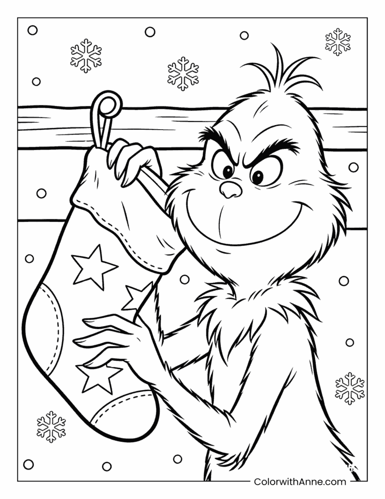 Grinch Holding a Christmas Stocking Coloring Page