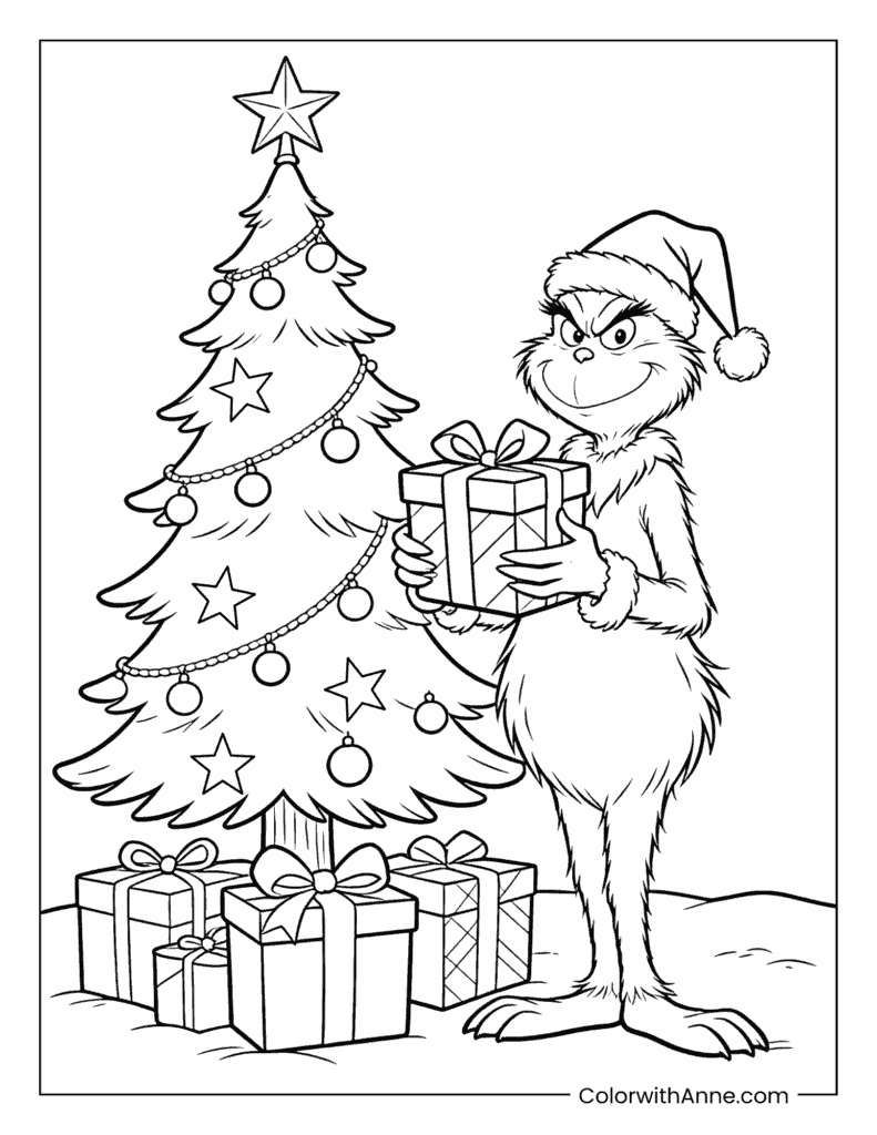 Grinch Holding a Gift Box by a Christmas Tree Coloring Page
