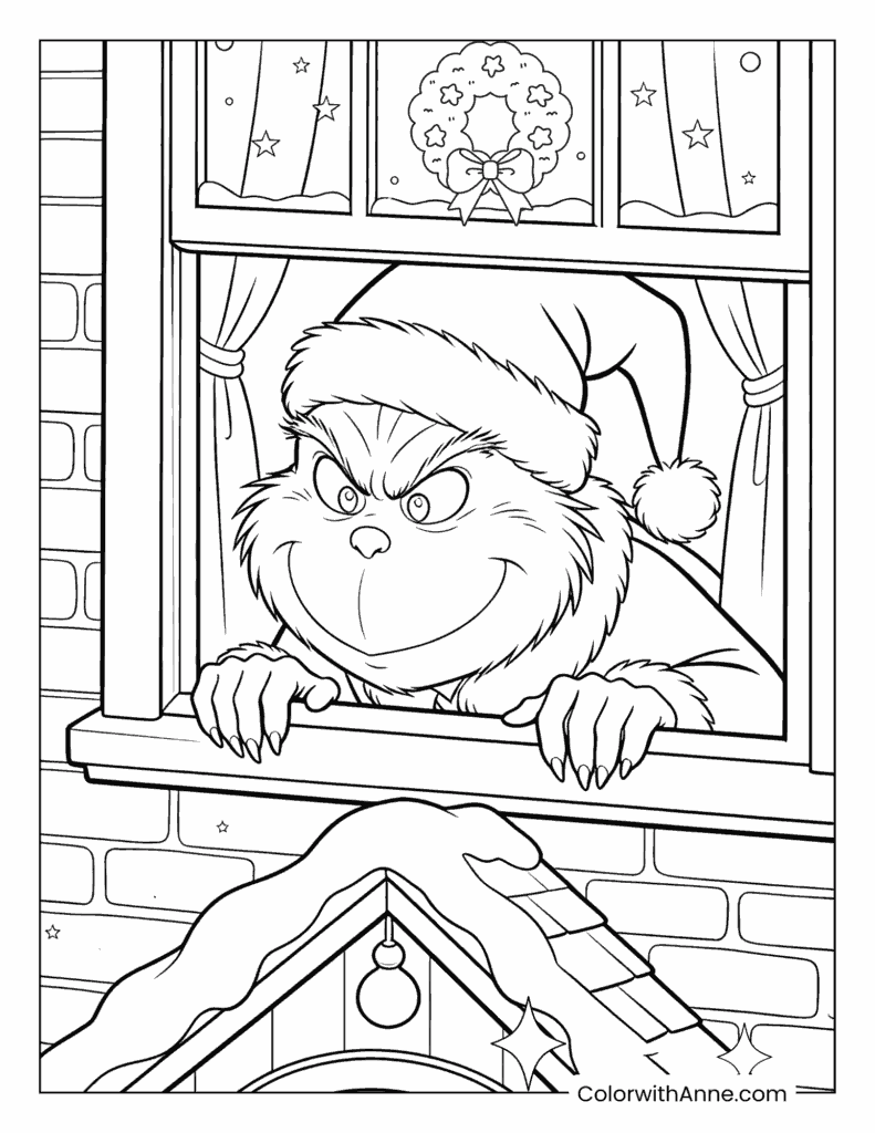 Grinch Peeking from a Holiday Window Coloring Page