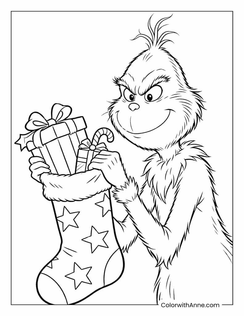 Grinch Pulling Gifts from a Christmas Stocking Coloring Page