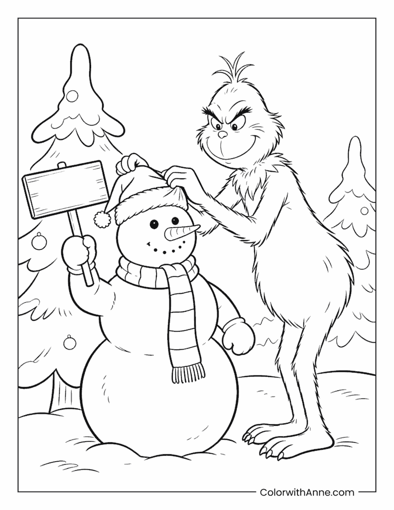 Grinch Putting a Hat on a Snowman Coloring Page