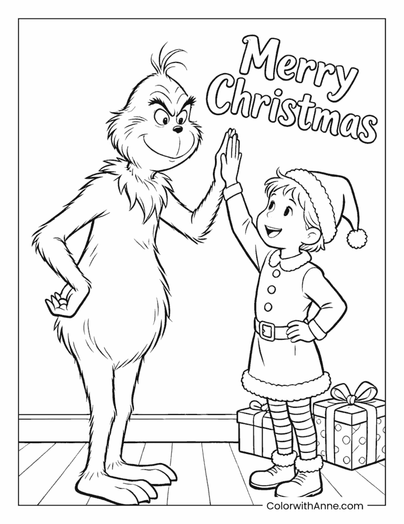 Grinch and Elf High-Fiving for Merry Christmas Coloring Page