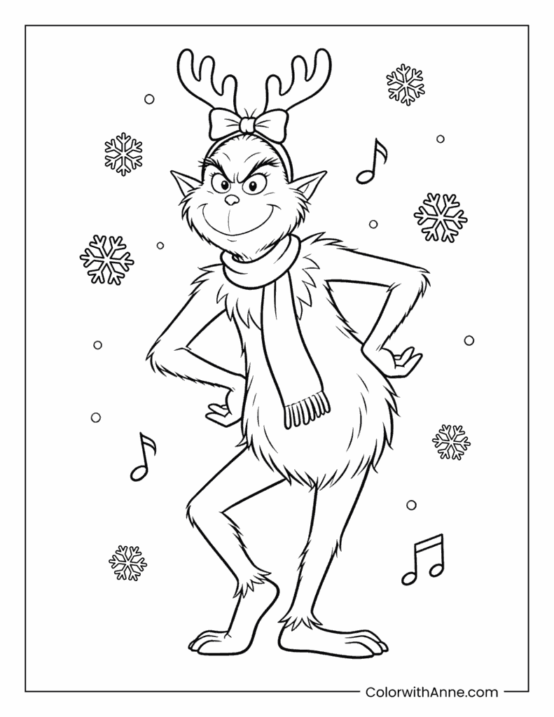 Grinch in a Reindeer Antler Headband Coloring Page