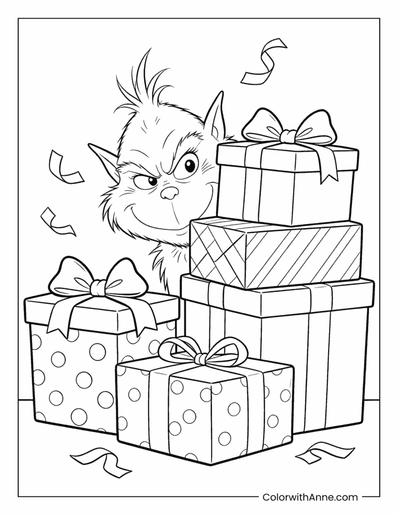 Grinch with Gift Boxes Coloring Page
