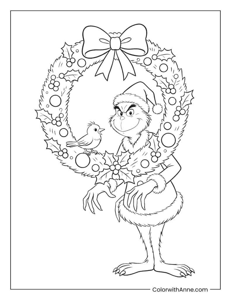 Grinch with a Christmas Wreath and Bird Coloring Page