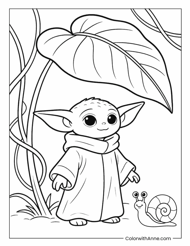 Grogu Beside Snail In Jungle Coloring Page