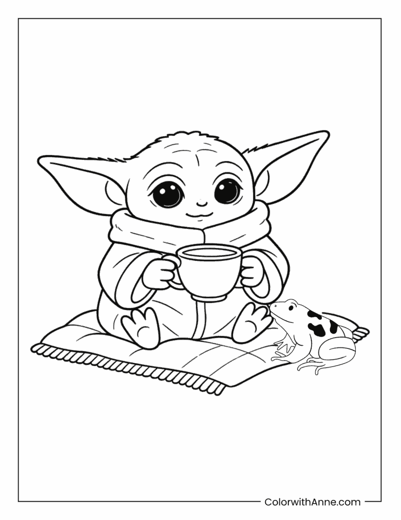 Grogu Drinking Tea with Frog Coloring Page