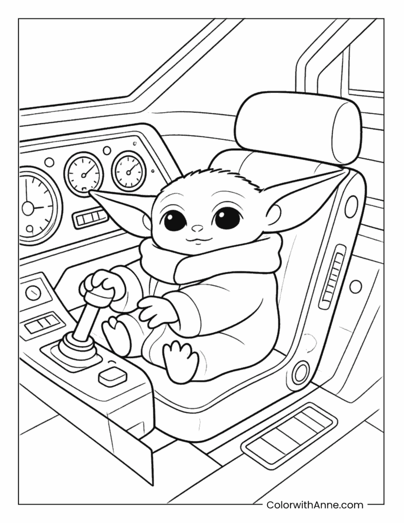 Grogu Driving the Spaceship Cockpit Coloring Page