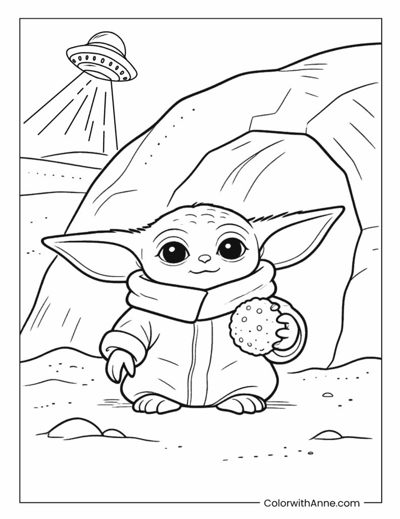 Grogu Holding Snack Near Rocks Coloring Page