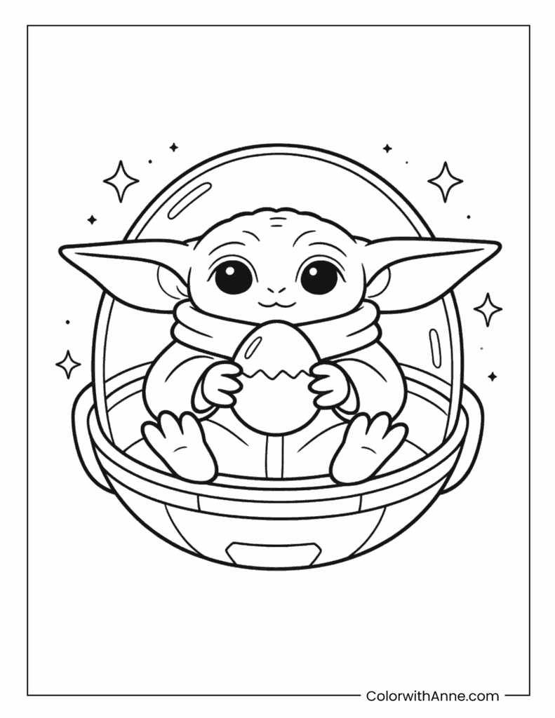 Grogu In Floating Space Pod Coloring Page