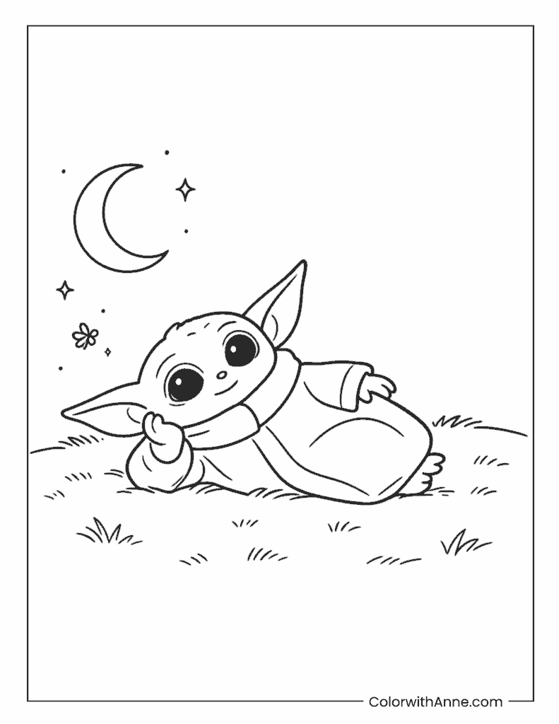 Grogu Lying Under Moon Coloring Page