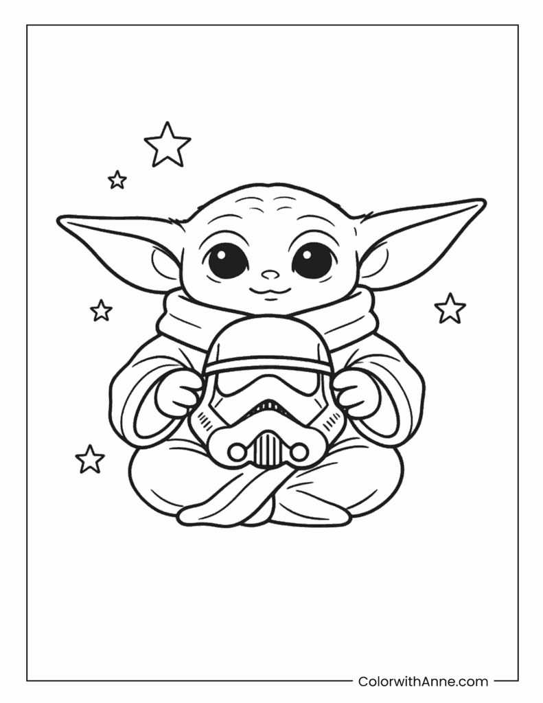 Grogu Sitting Among Stars Coloring Page
