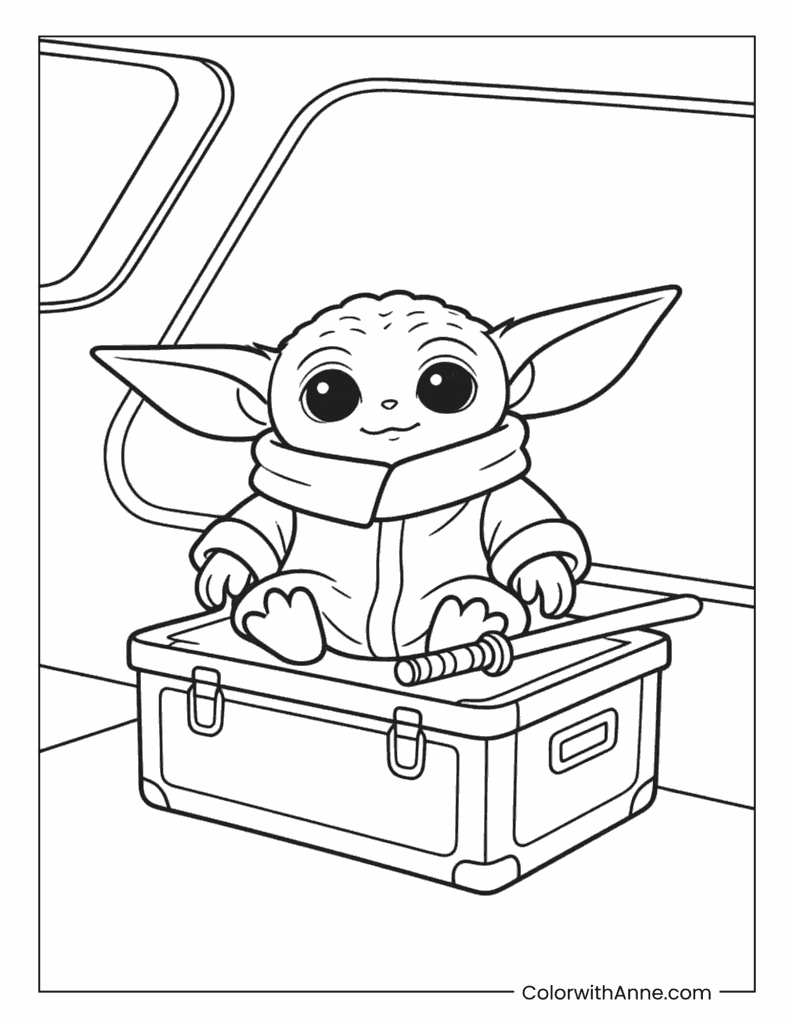 Grogu Sitting In Spacecraft Crate Coloring Page