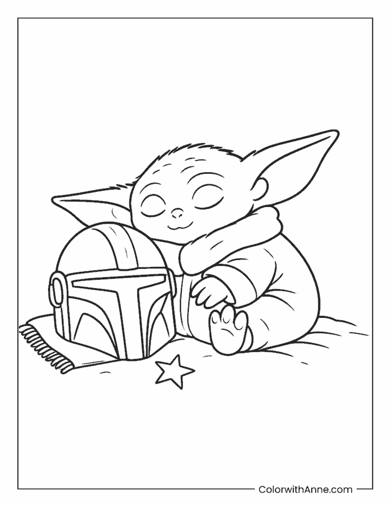 Grogu Sleeping Next to Helmet Coloring Page