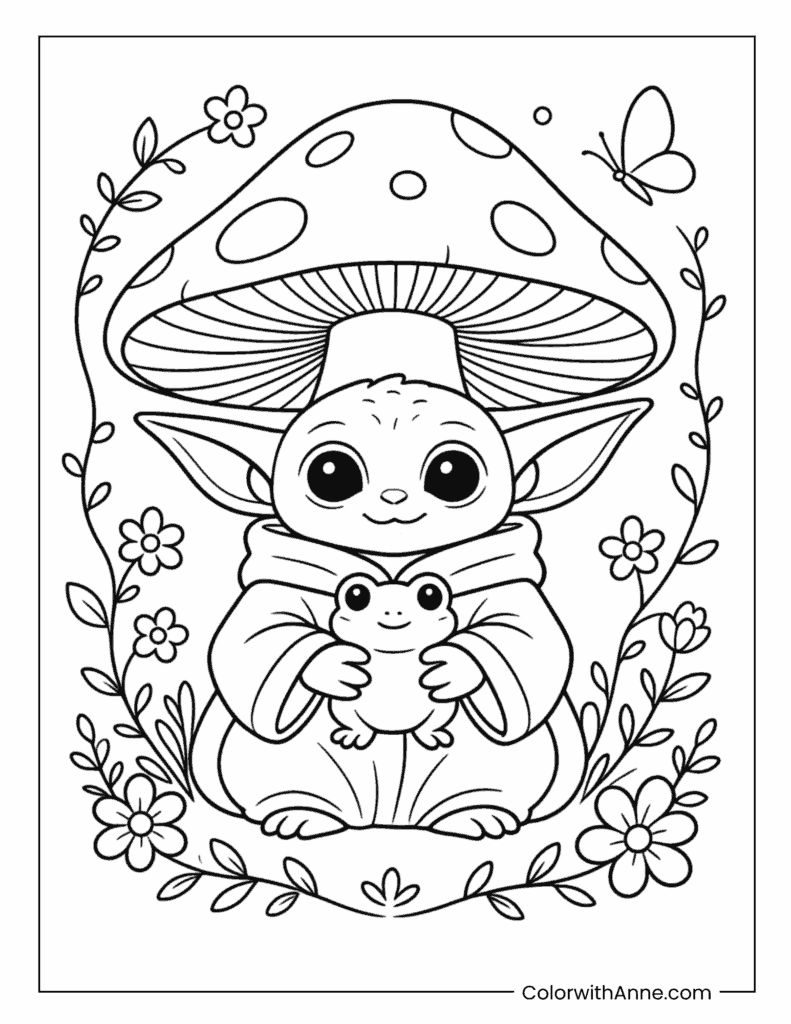 Grogu With Frog Under Mushroom Coloring Page