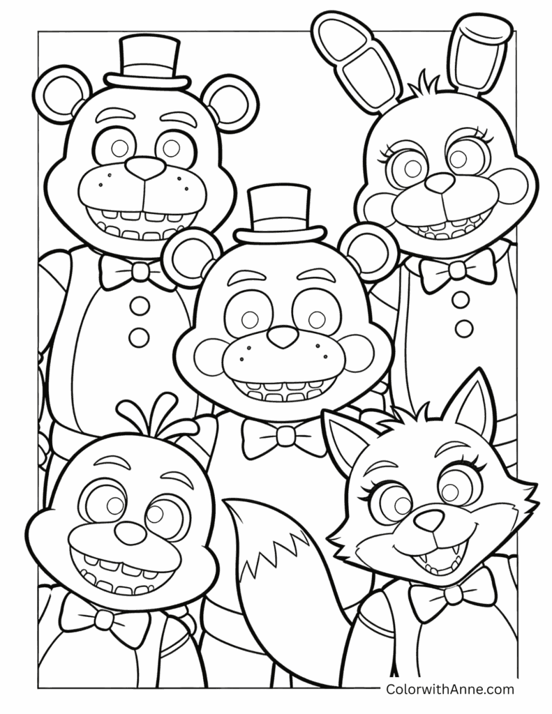 Group of FNAF Animatronics Smiling Coloring Page