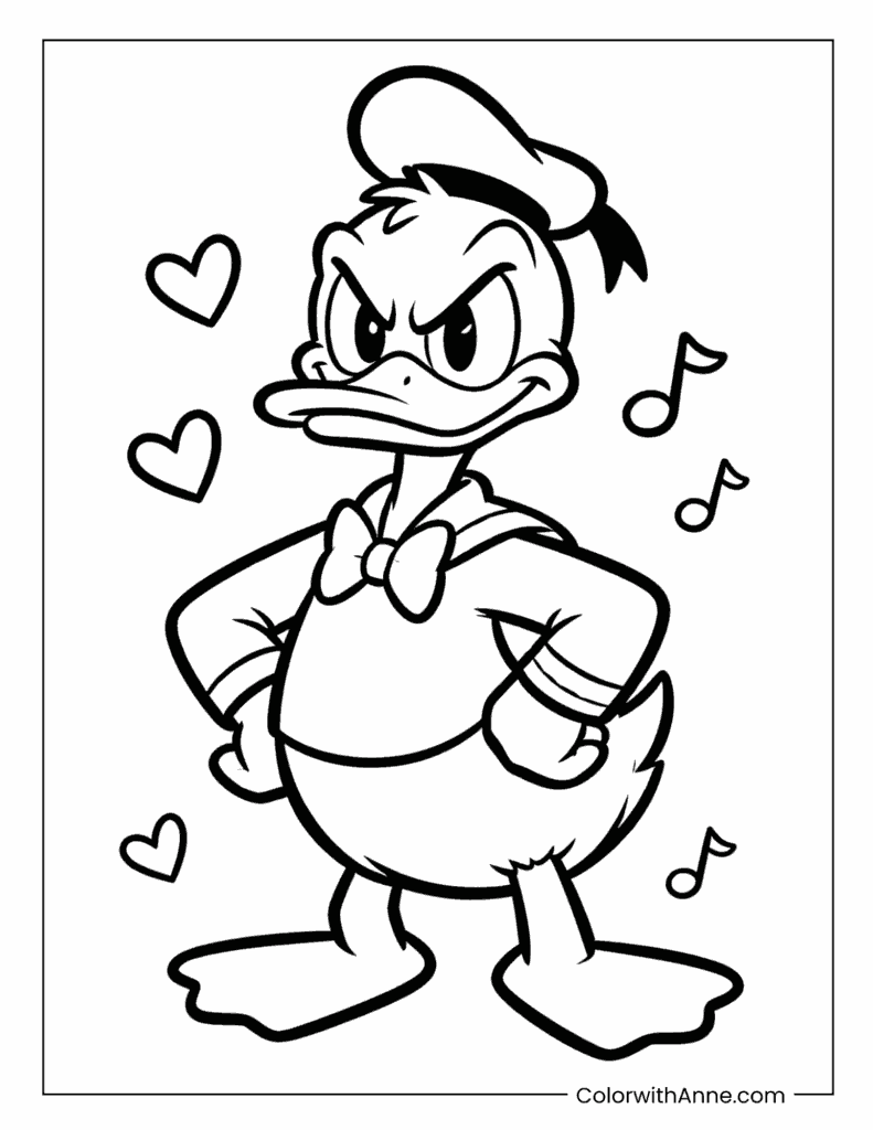 Grumpy Donald Duck with Hearts Coloring Page