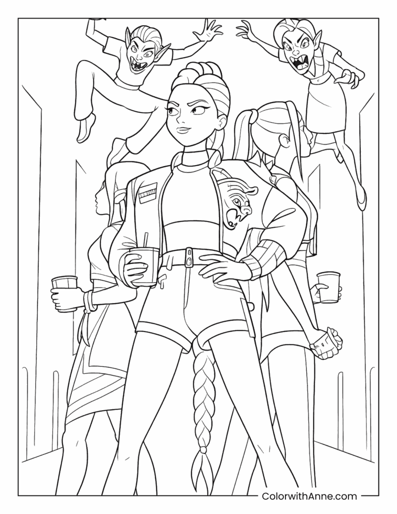 HUNTRX Demon Battle Scene Coloring Page