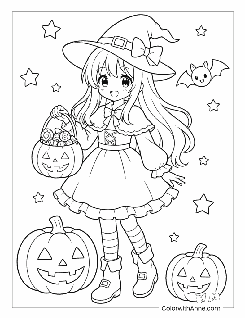 Halloween Anime Witch Girl Coloring Page for Kids