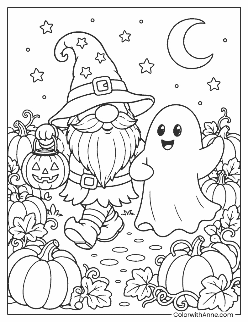 Halloween Gnome with a Friendly Ghost Coloring Page
