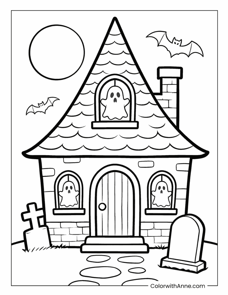 Halloween Haunted House with Ghosts in Windows Coloring Page