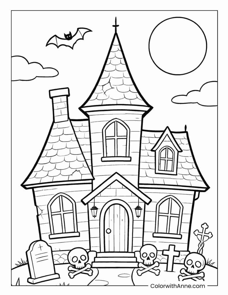 Halloween Haunted House with Skulls and Crossbones Coloring Page