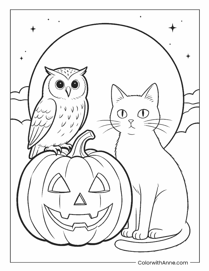Halloween Jack-o-Lantern with Owl and Cat Coloring Page