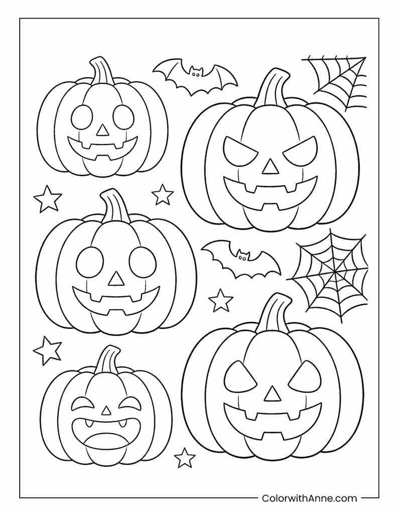 Halloween Jack-o-Lanterns with Bats Coloring Page