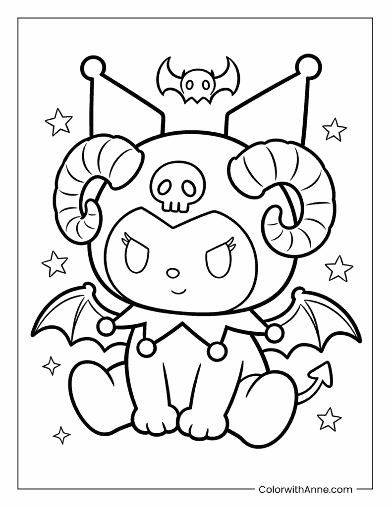 Halloween Kuromi with Bat Wings and Devil Horns Coloring Page