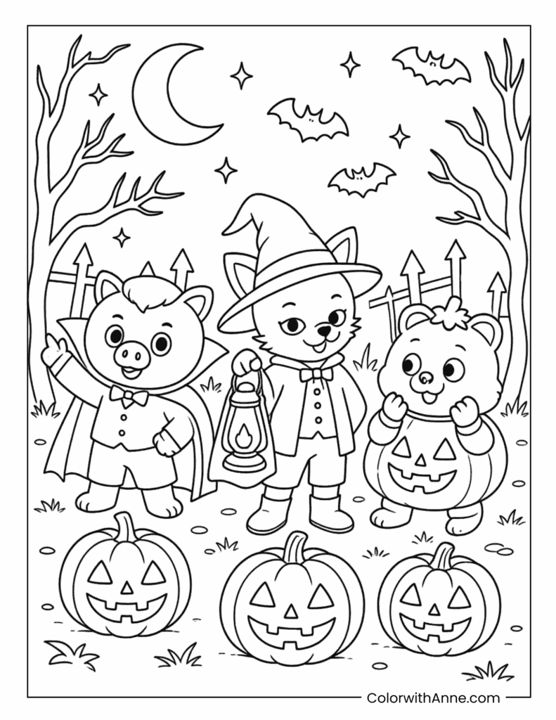 Halloween Trick-or-Treat SKZOO Coloring Page (Dwaekki, FoxI.Ny, Han Quokka)