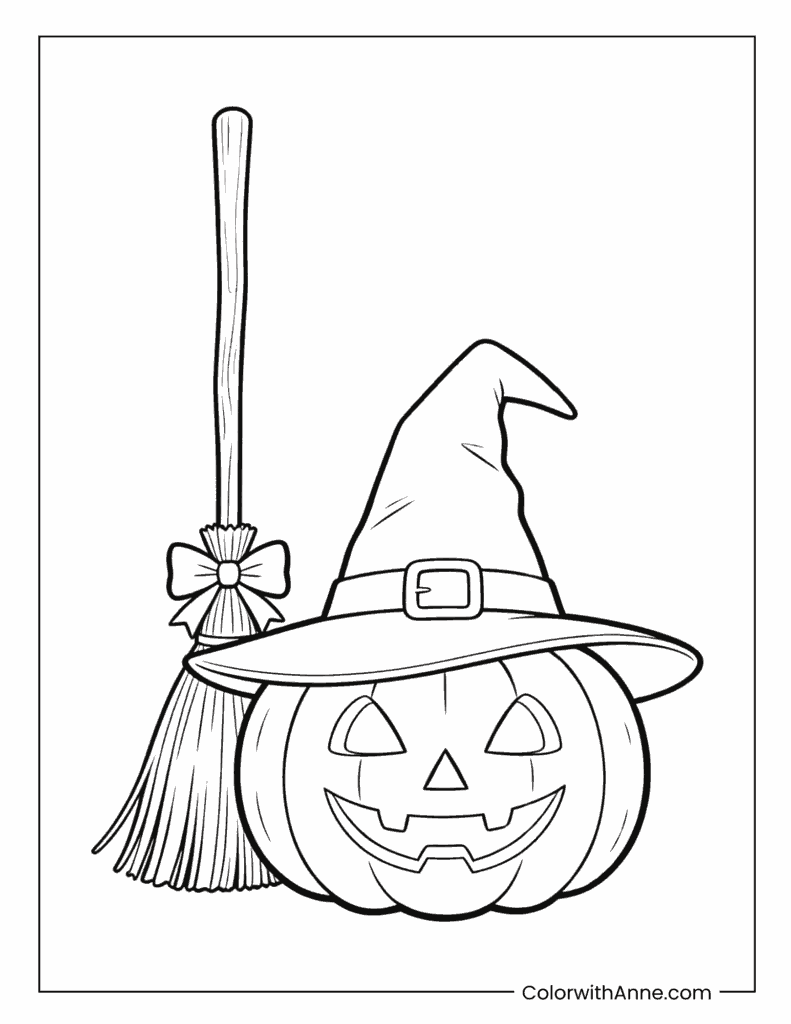Halloween Witch Hat Jack-o-Lantern Broom Coloring Page