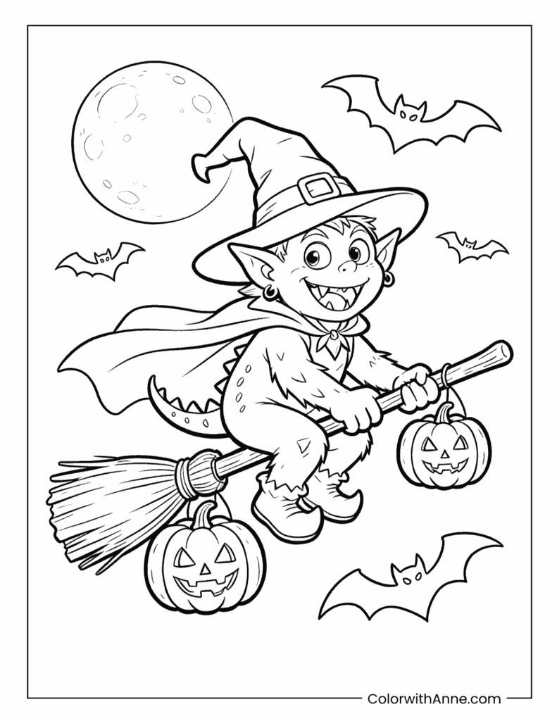 Halloween Witch Monster on a Broom Coloring Page