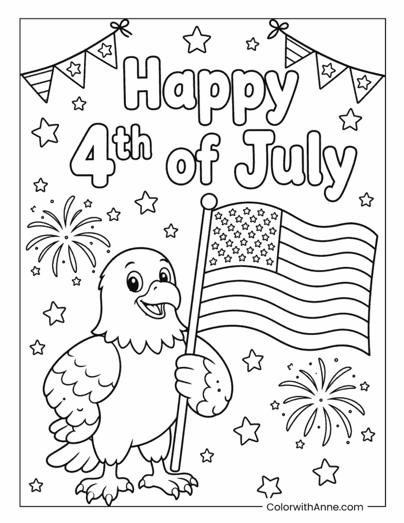 Happy 4th of July Bald Eagle with American Flag Coloring Page