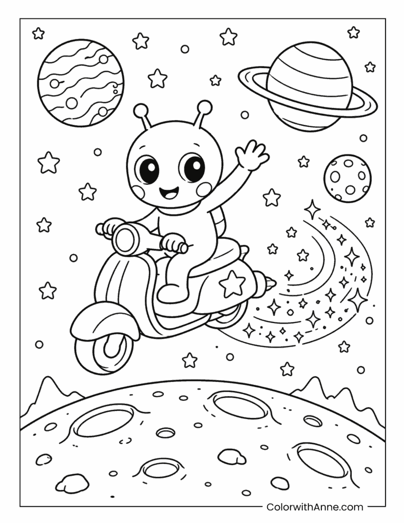 Happy Alien Riding a Space Scooter Coloring Page