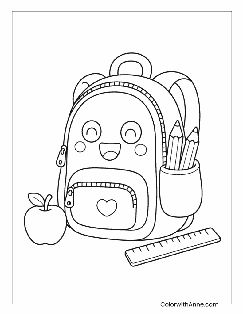 Happy Backpack with School Supplies Coloring Page