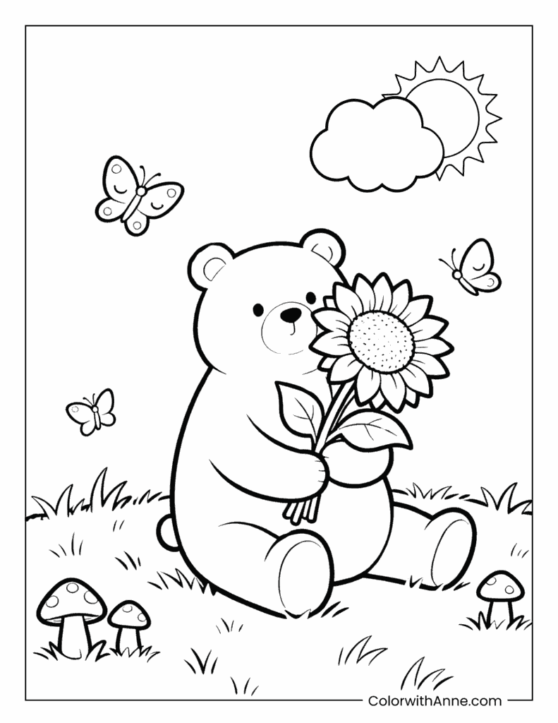 Happy Bear with Sunflower Coloring Page