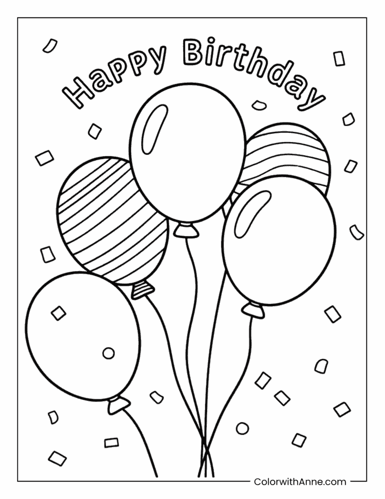 Happy Birthday Balloons & Confetti Coloring Page
