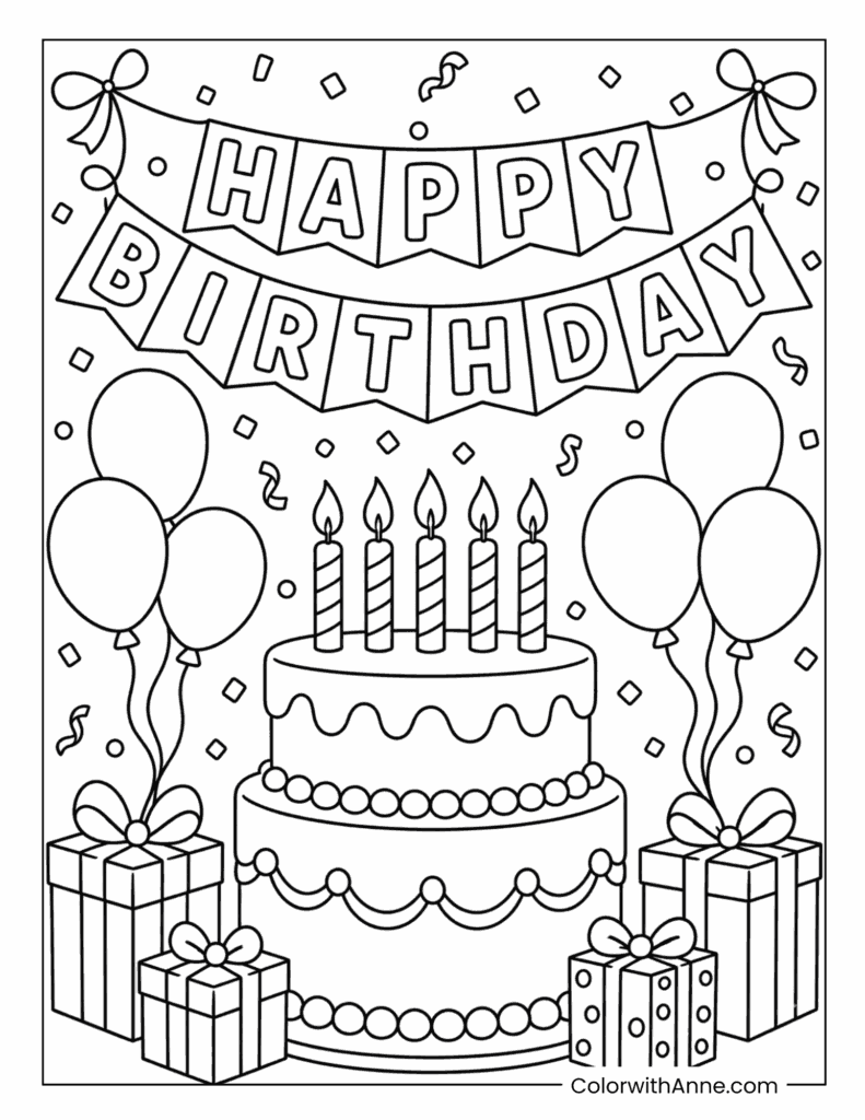 Happy Birthday Big Cake and Presents Coloring Page