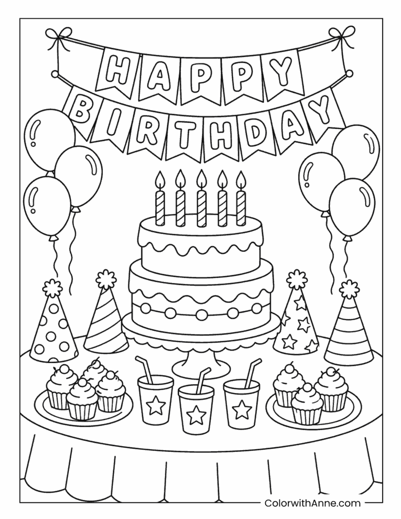 Happy Birthday Cake Party Table Coloring Page