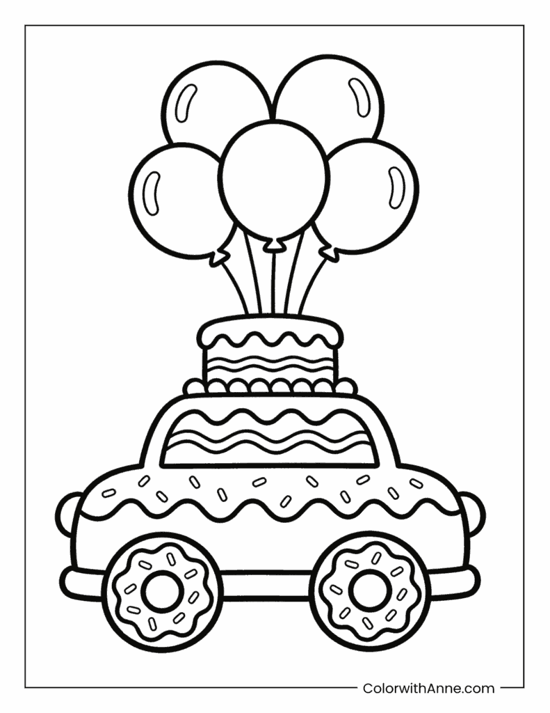 Happy Birthday Car with Donut Wheels Coloring Page