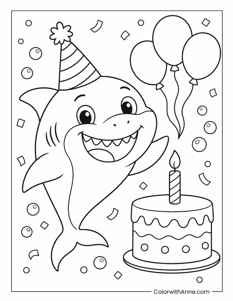 Happy Birthday Cartoon Shark with Cake and Balloons Coloring Page