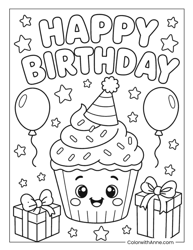 Happy Birthday Cute Cupcake Coloring Page