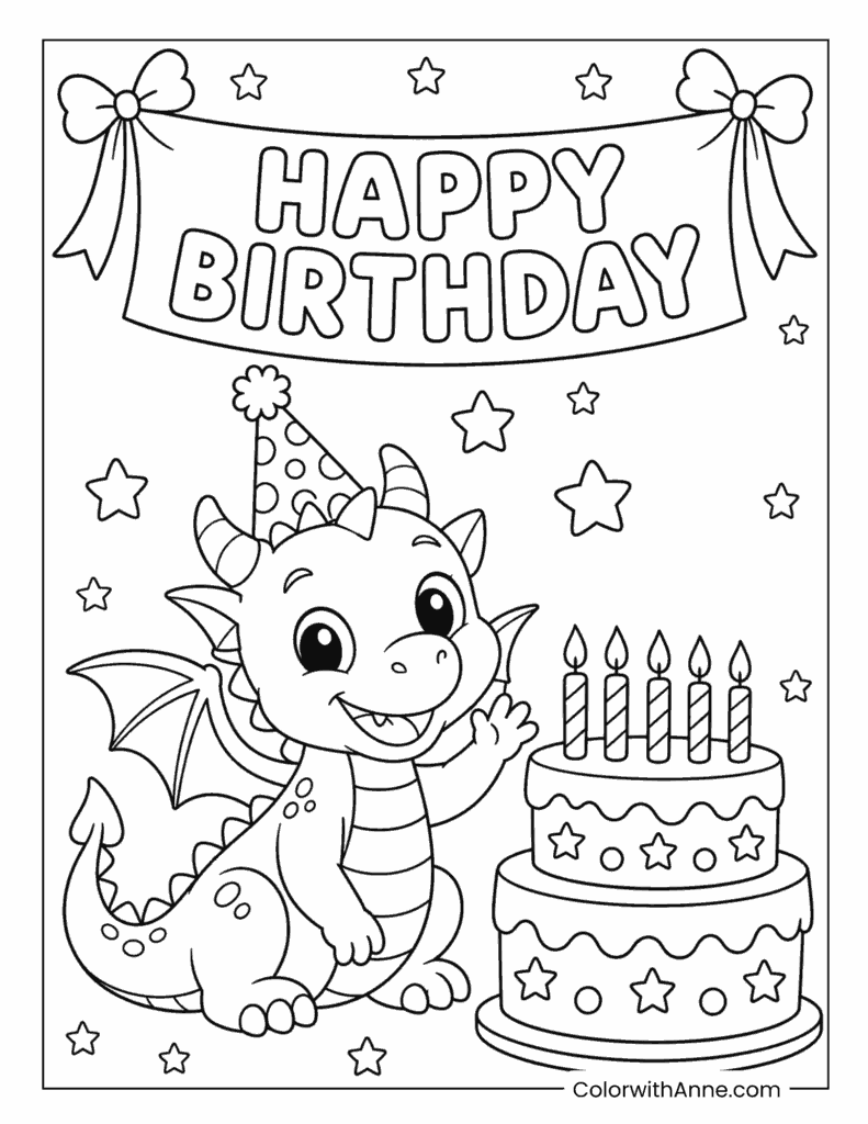 Happy Birthday Dragon Party Coloring Page