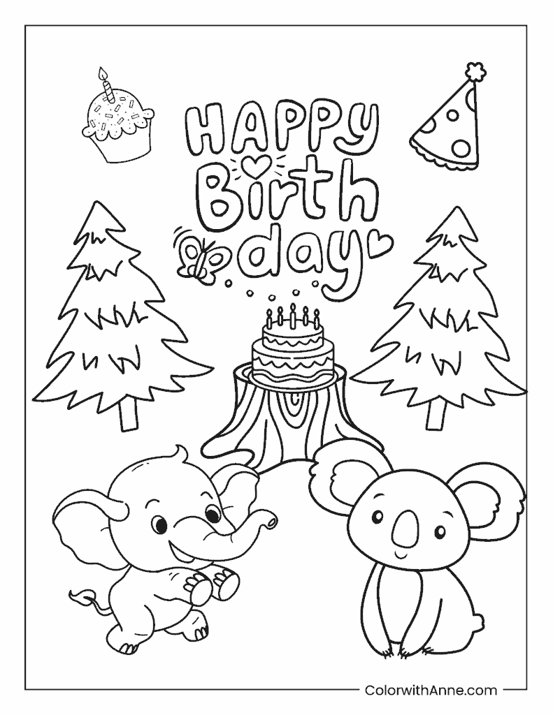 Happy Birthday Forest Animals Coloring Page
